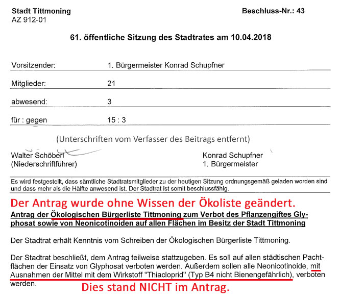 Der geänderte Antrag enthielt die Zulasssung von Thiacloprid. Die Ökolisten-Stadträte wussten nichts davon. 